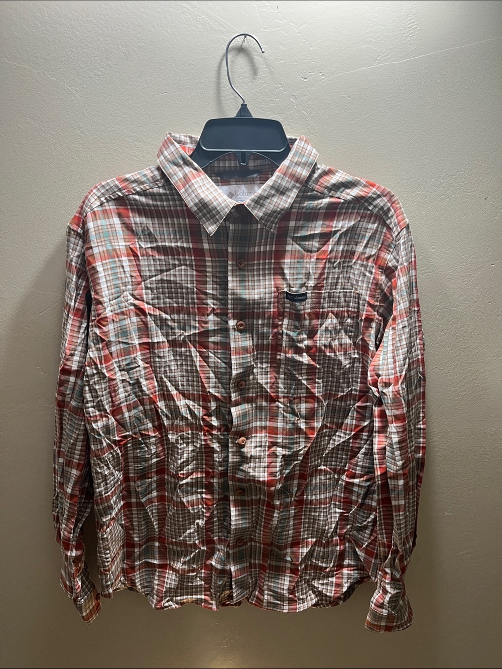 Columbia Men's Plaid Button-Down Shirt in Red, White, and Green